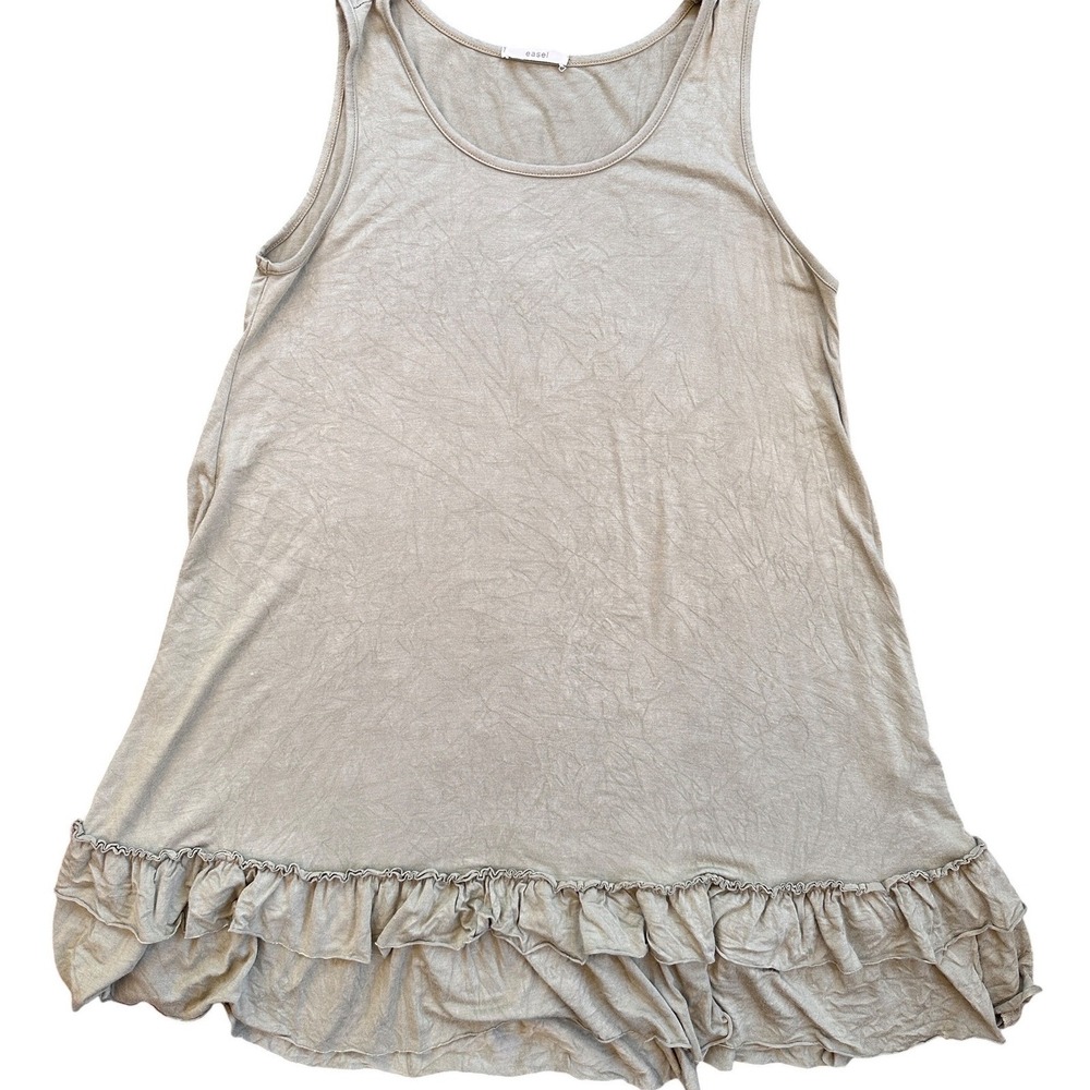 Easel Ruffle Hem Tank Top Women Medium Taupe Mineral Wash Tunic Sleeveless T2408